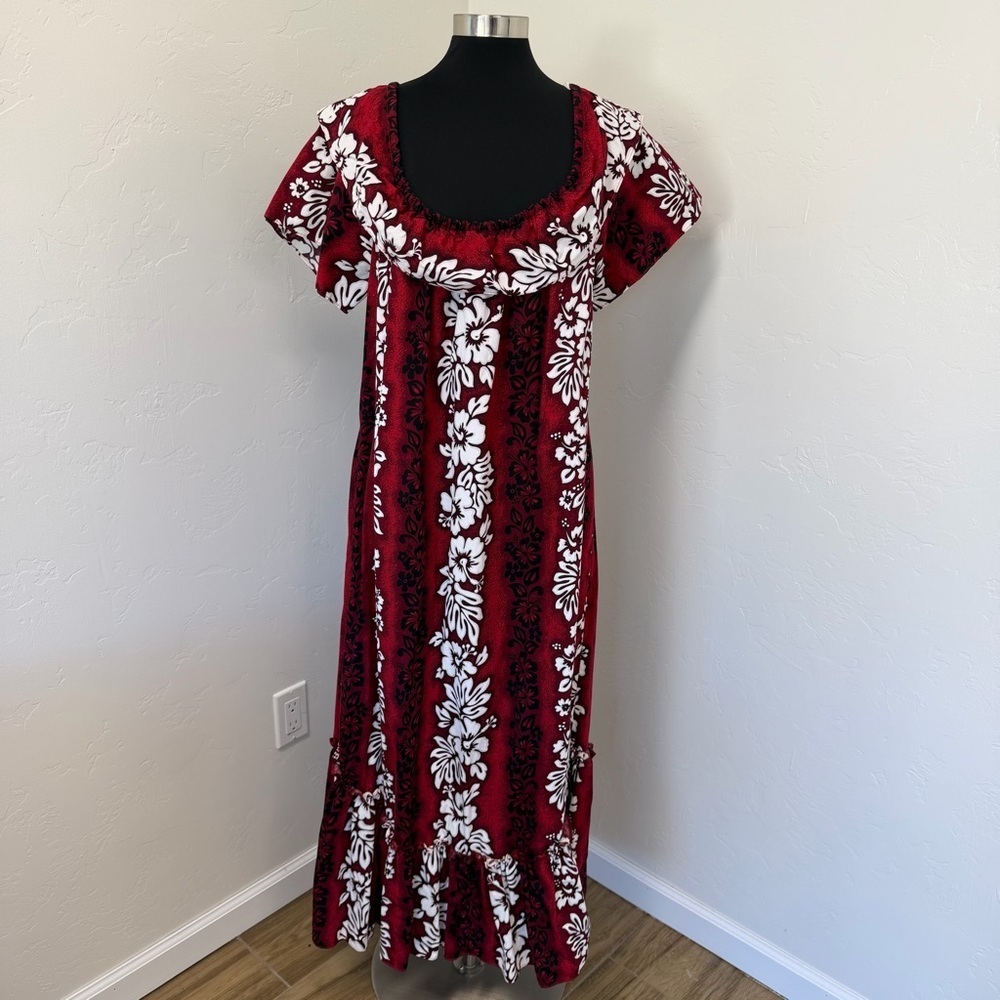 Vintage Royal Creations Red Hawaiian Floral Off Shoulder Maxi Dress Size L